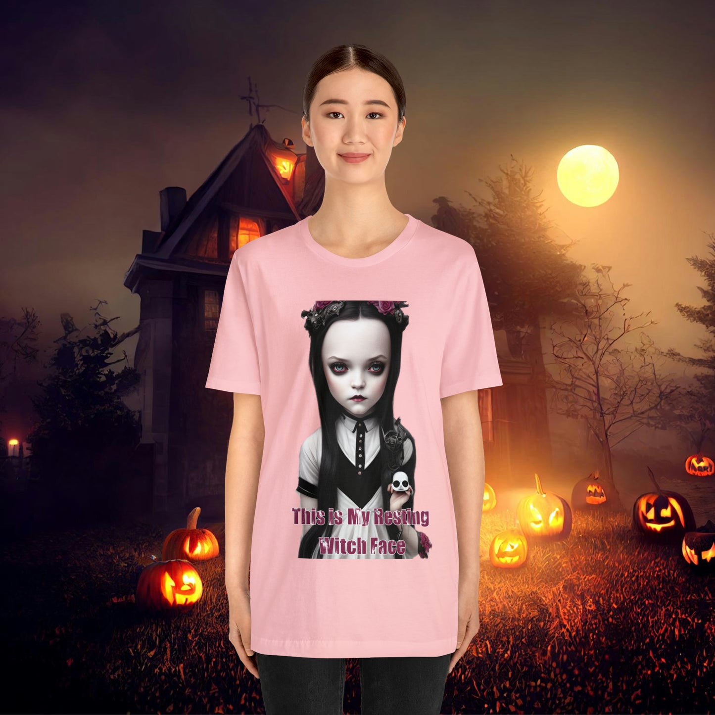 Wednesday Addams Chibi by Charlie Bowater This Is my Resting Witch Face Halloween Unisex Jersey Short Sleeve Tee