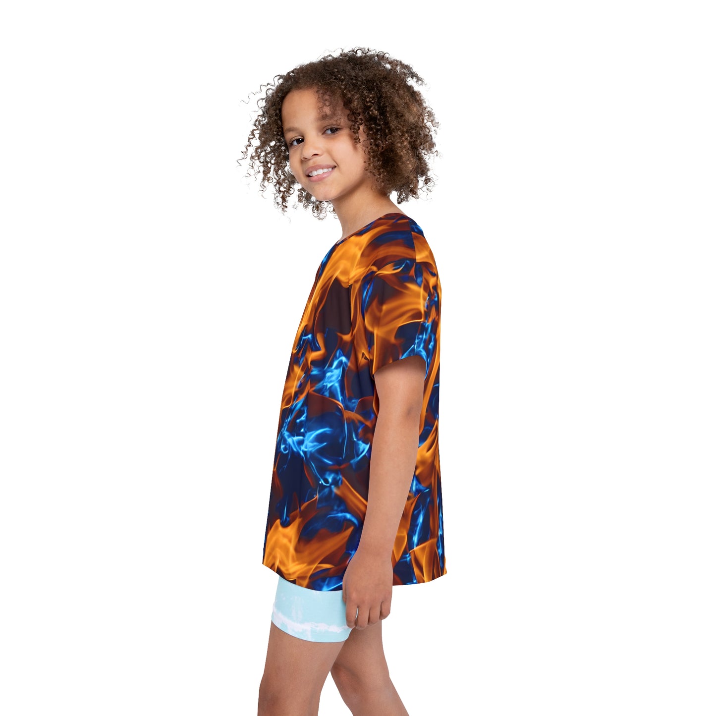 Blaze a Trail: All Over Print Kid Sport Jersey with Blue and Orange Flames