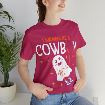 Little Ghost Saying I wanna be a cowboy baby Retro Groovy Western Halloween Unisex Jersey Short Sleeve Tee Gifts for Him Gifts for her.