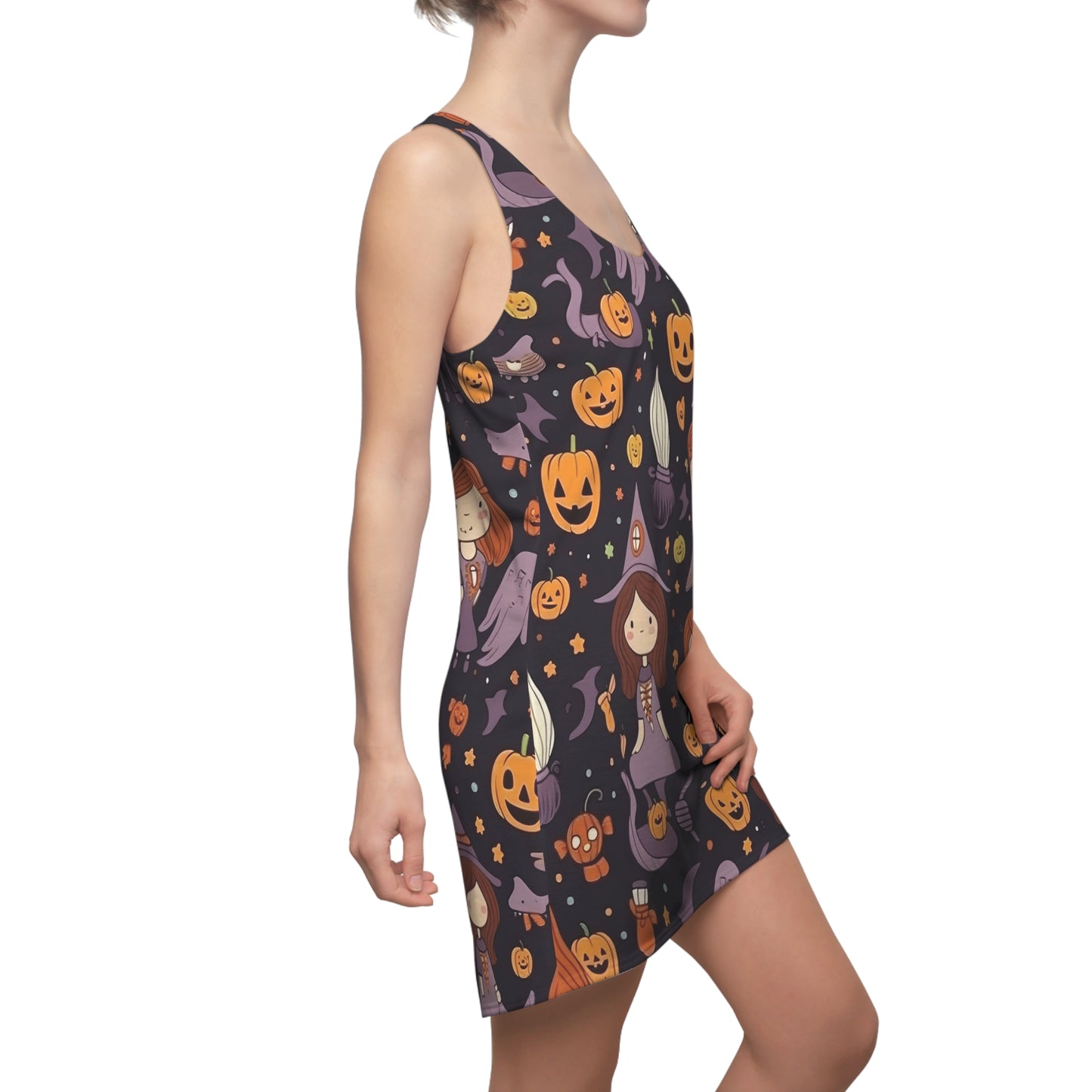 Halloween Trick or Treat Ghosts Witch Hats Jack o Lanterns Women's Cut & Sew Racerback Dress (AOP)