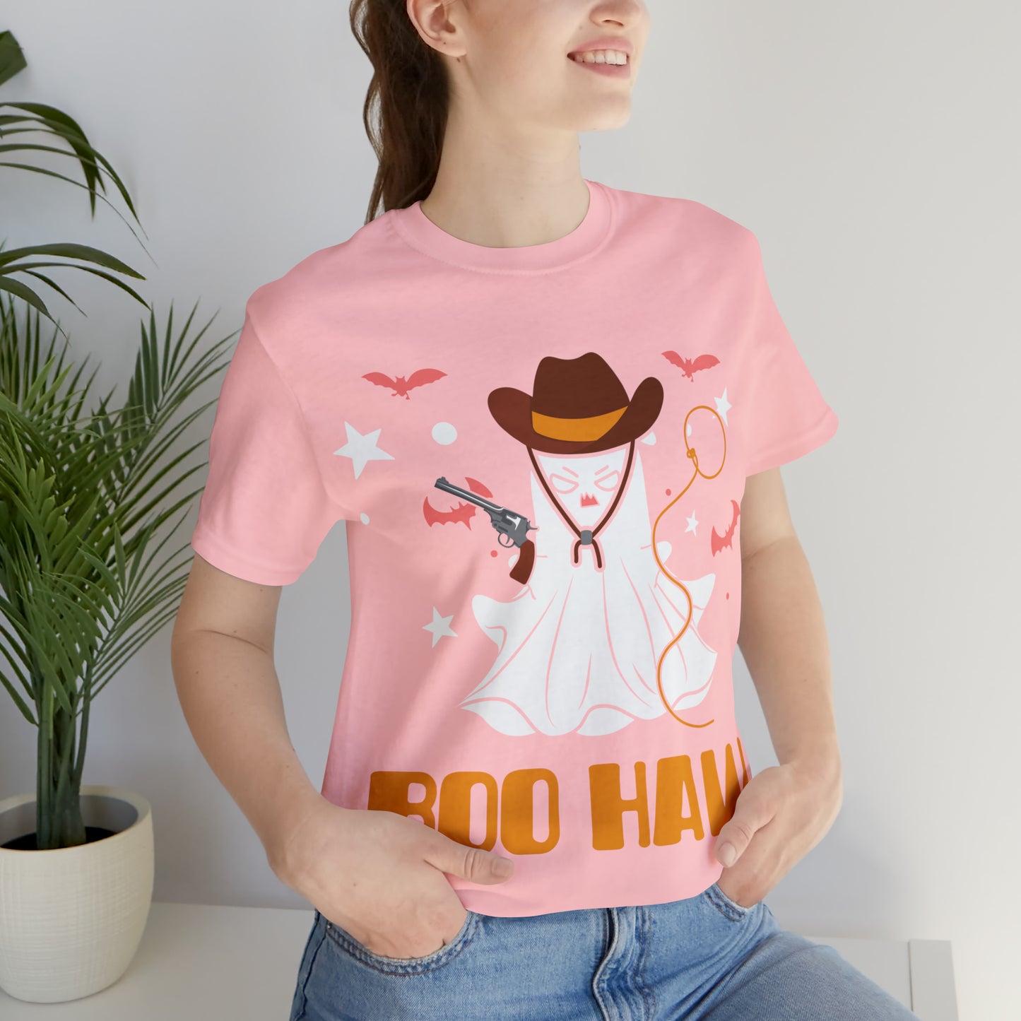 Ghost Cowboy Gunslinger saying Boo Haw Retro Western Halloween Unisex Jersey Short Sleeve Tee Gifts for Her Gifts for Him