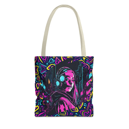 Cyberpunk Girl in Neon Graffiti Hearts AOP Tote Bag 3 sizes 5 color handle options