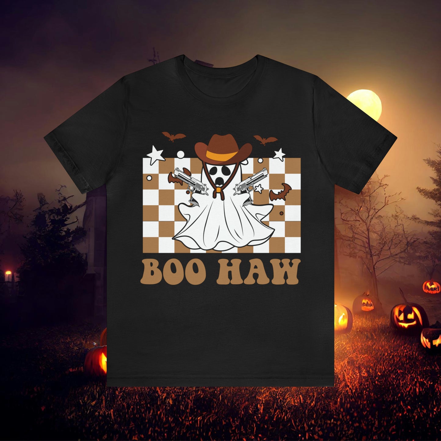 Cowboy Gunslinging Ghost saying Boo Haw Retro Western Halloween Unisex Jersey Short Sleeve Tee Gifts for Him Gifts for Her