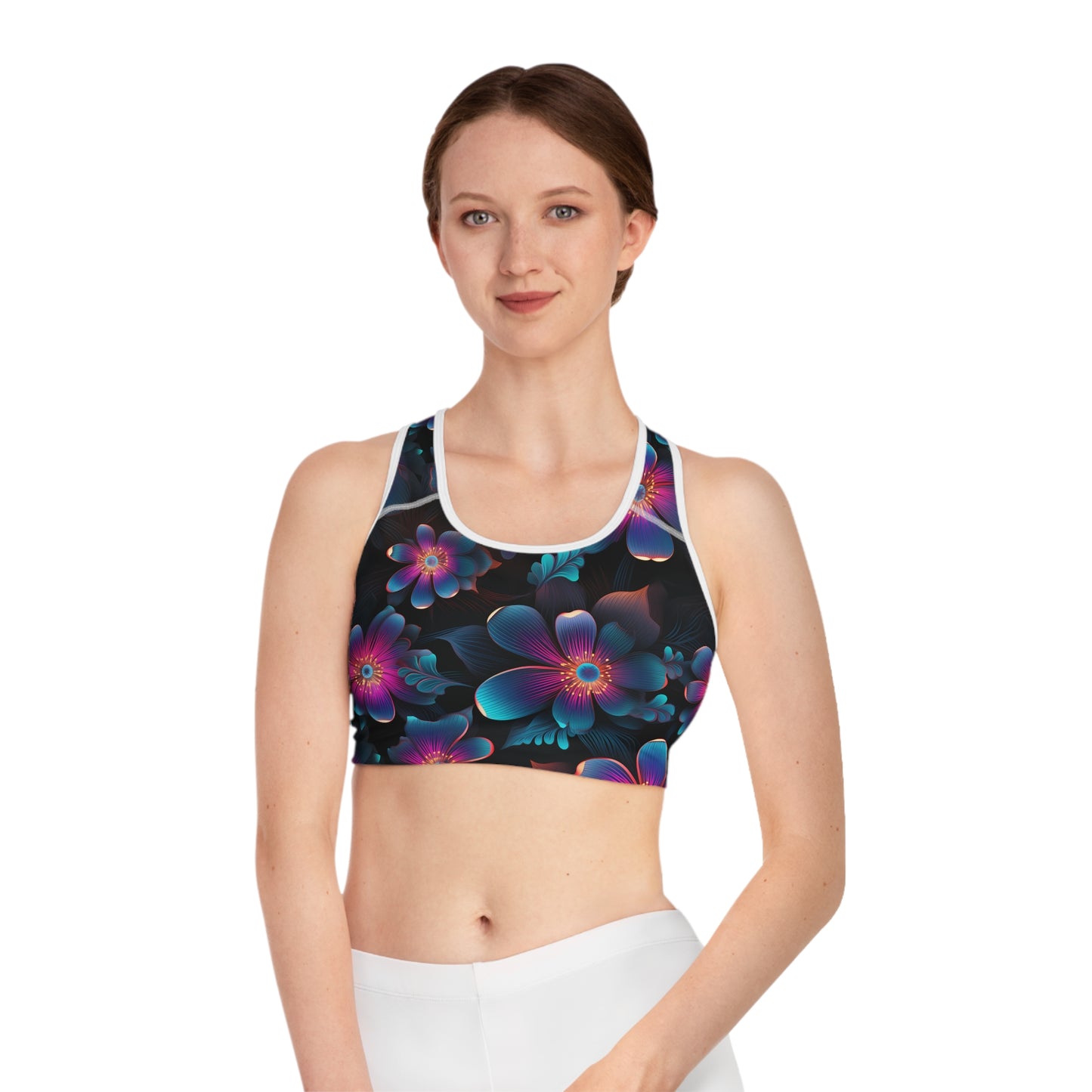 Neon Blossom Burst Women's Sports Bra Vibrant Floral Fitness Sports Bra (AOP)