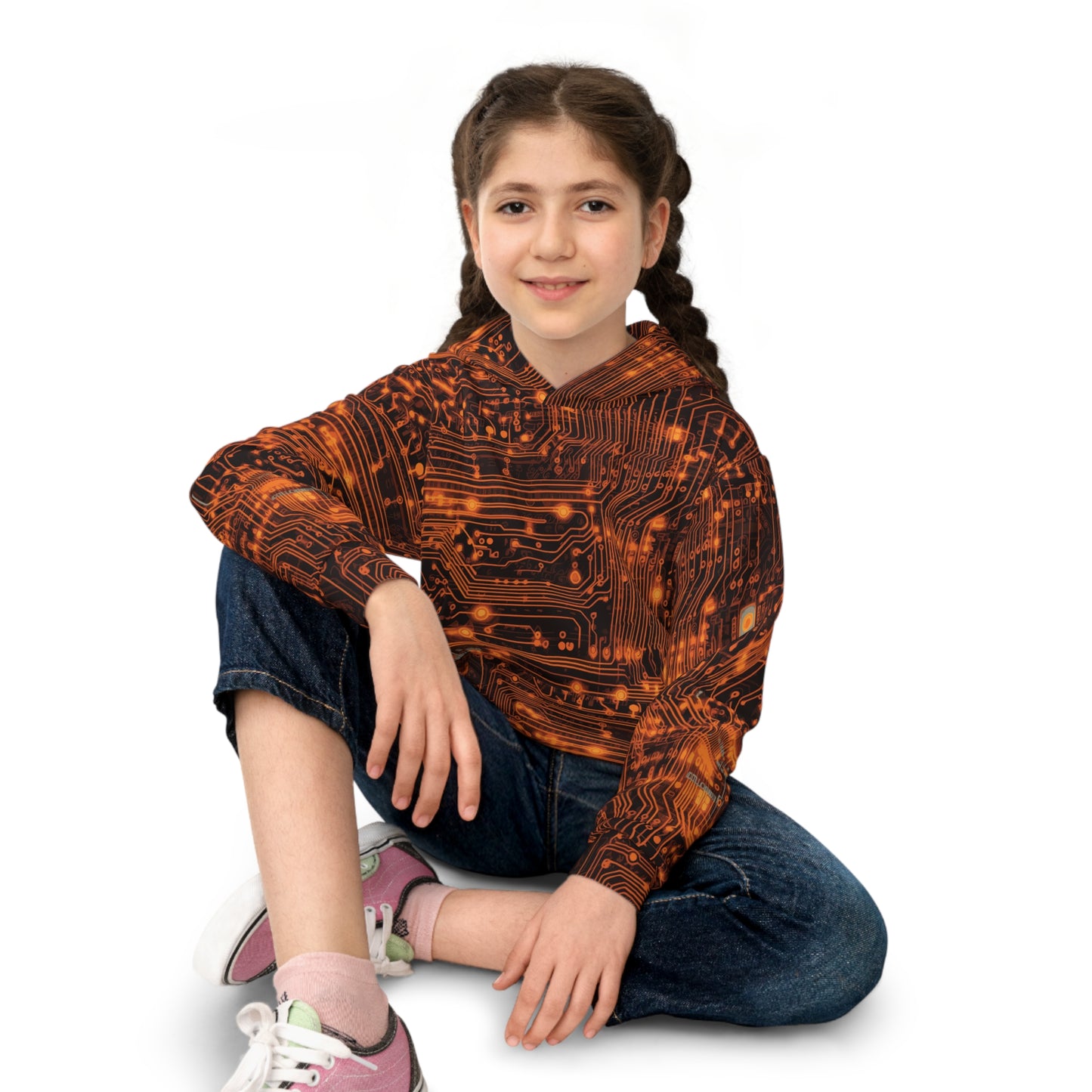 Tech Adventure Awaits: All Over Print Children's Hoodie with Orange Circuit Board and Robotic Bug Children's Hoodie (AOP)