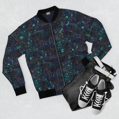 Cyberpunk Vanguard: Neon Circuit Board Men's Bomber Jacket (AOP)