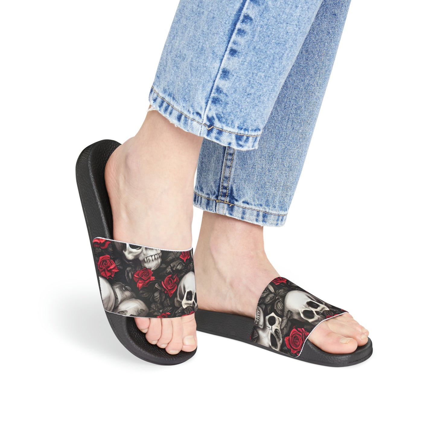 Hyper Realistic Skulls and Red Roses by artist Anne-Laure Goupil Women's PU Slide Sandals