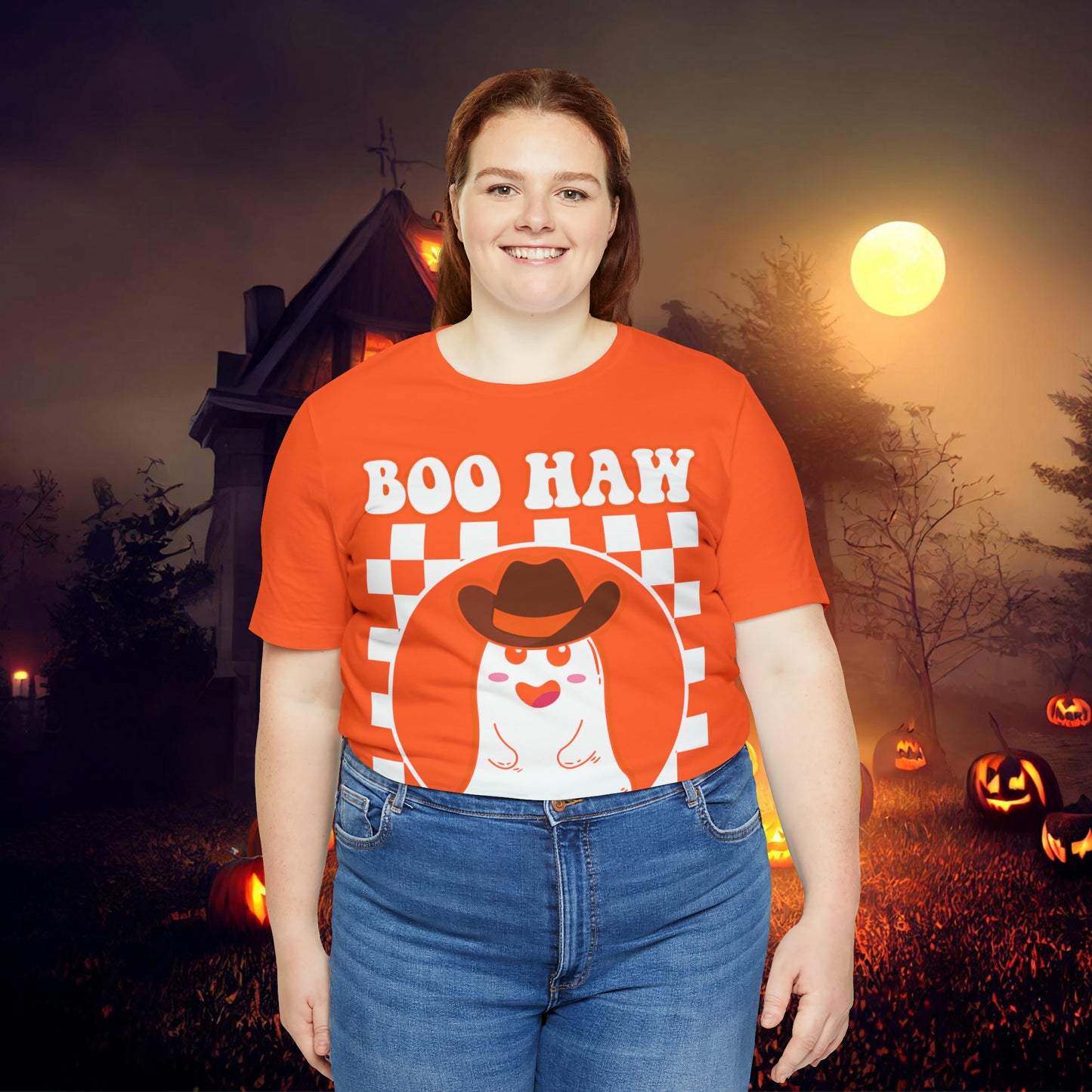 Cute Cowboy Ghost Saying Boo Haw Retro Groovy Western Halloween Unisex Jersey Short Sleeve Tee Gifts for Him Gifts For Her