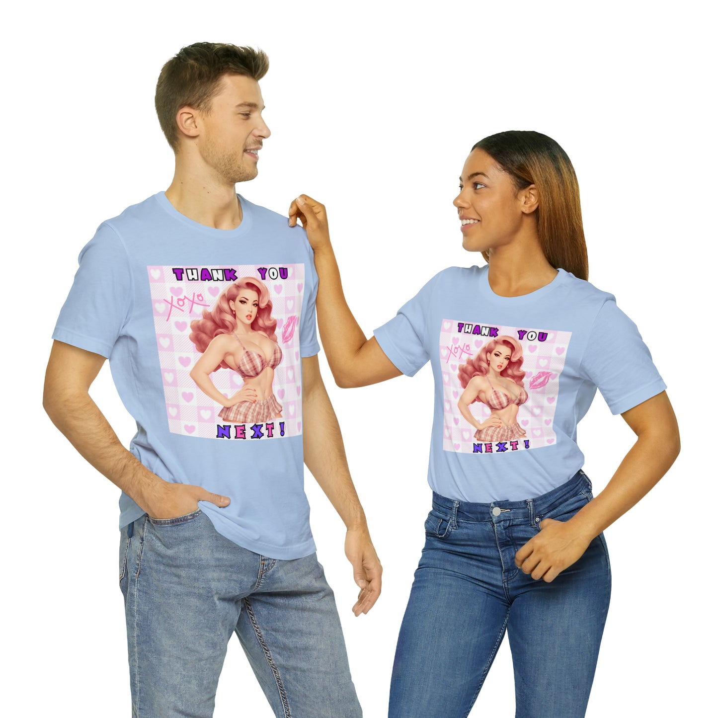 Timeless Elegance: Vintage Pink Pinup Girl "Thank You Next" on a Bella+Canva 3001 Unisex Jersey T-Shirt - A Must-Have Gift for her