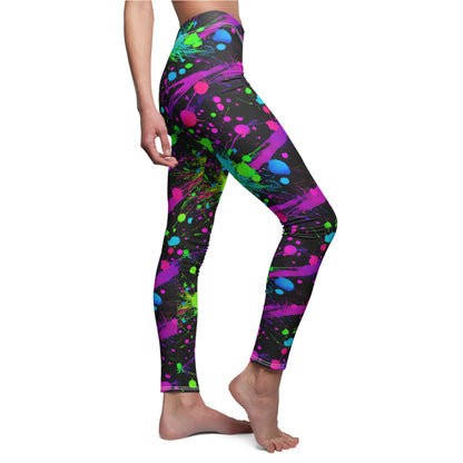 Green & Pink Splatter Vibes Leggings Women's Cut & Sew Casual Leggings (AOP)