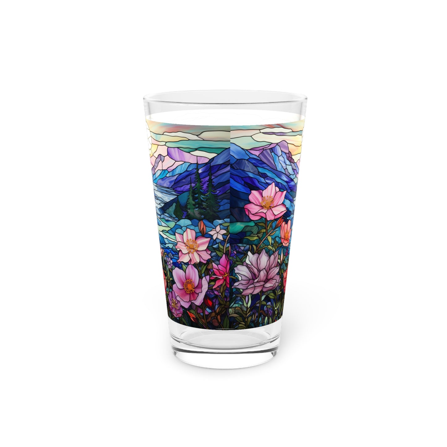 Mountain Creek Serenity, A Pink Floral Stained Glass artwork on a 16oz Pint Glass Gift idea, gifts for home decor, housewarming gift