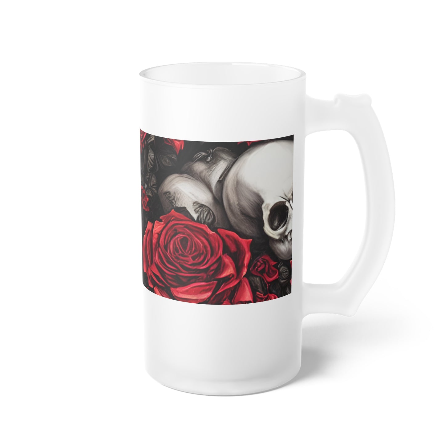 Hyper Realistic Skulls and Red Roses by artist Anne-Laure Goupil Frosted Glass Beer Mug