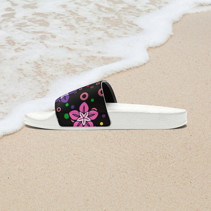 Good Times Good Vibes Feeling Groovy Retro Colorful Flowers Women's PU Slide Sandals