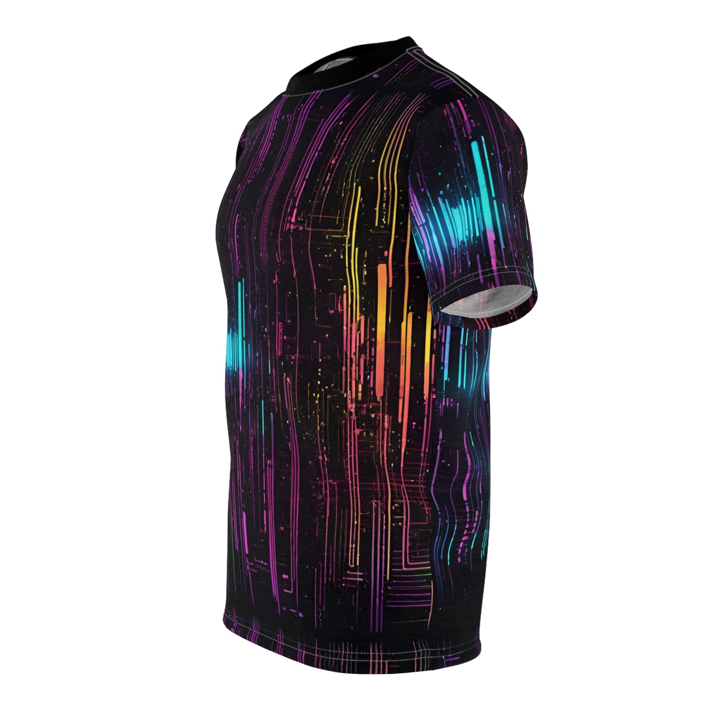 Unisex Cut & Sew Tee (AOP) - Futuristic Neon Lights on Circuit Board Cyberpunk