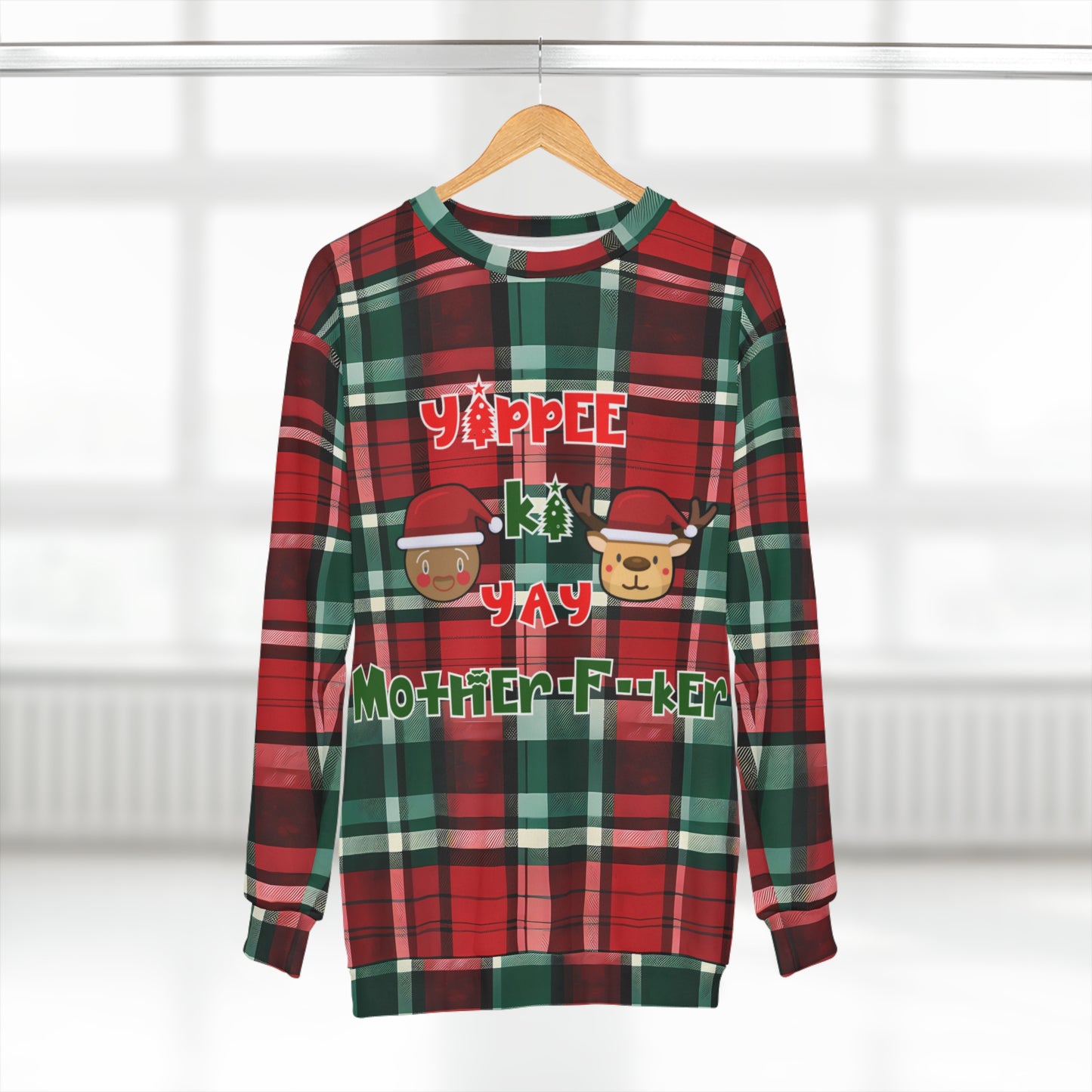 Die Hard Inspired Christmas Sweatshirt | Yippee Ki Yay Mother-F--cker | Festive Plaid Pattern | Unisex AOP Holiday Sweater