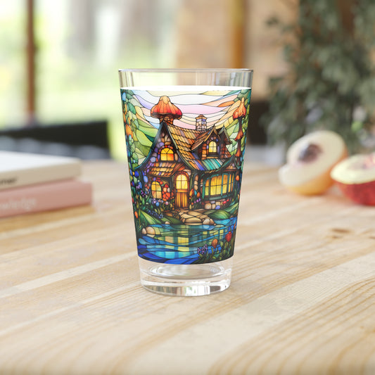 Enchanting Gnome Cottage: A Whimsical Stained Glass Masterpiece 16oz Pint Glass Gift idea gifts for home decor housewarming gift