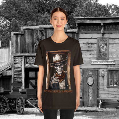 Spooky Saloon Showdown Gunslinging Skeleton Cowboy Halloween Unisex Jersey Short Sleeve Tee