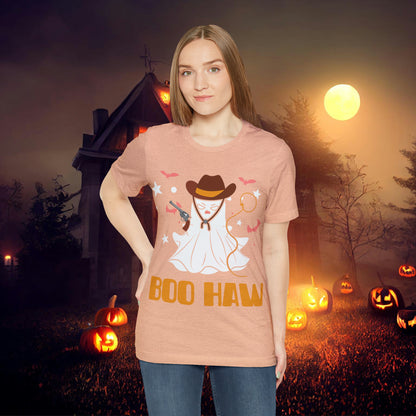 Ghost Cowboy Gunslinger saying Boo Haw Retro Western Halloween Unisex Jersey Short Sleeve Tee Gifts for Her Gifts for Him