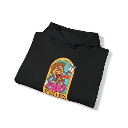 "DirkyThreadz Fueled By Pizza Hoodie - Playful Graphic Design for Pizza Lovers"
