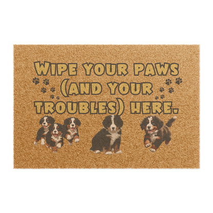 Wipe Your Paws (and Your Troubles) Here' Bernese Mountain Dog Puppies Doormat | 24" x 16" | Outdoor Coir Welcome Mat