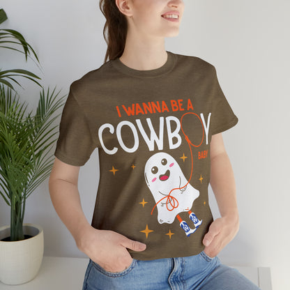 Little Ghost Saying I wanna be a cowboy baby Retro Groovy Western Halloween Unisex Jersey Short Sleeve Tee Gifts for Him Gifts for her.