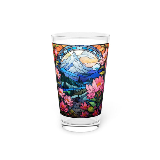 Mountain Creek Serenity, A Pink Floral Stained Glass artwork on a 16oz Pint Glass Gift idea, gifts for home decor, housewarming gift