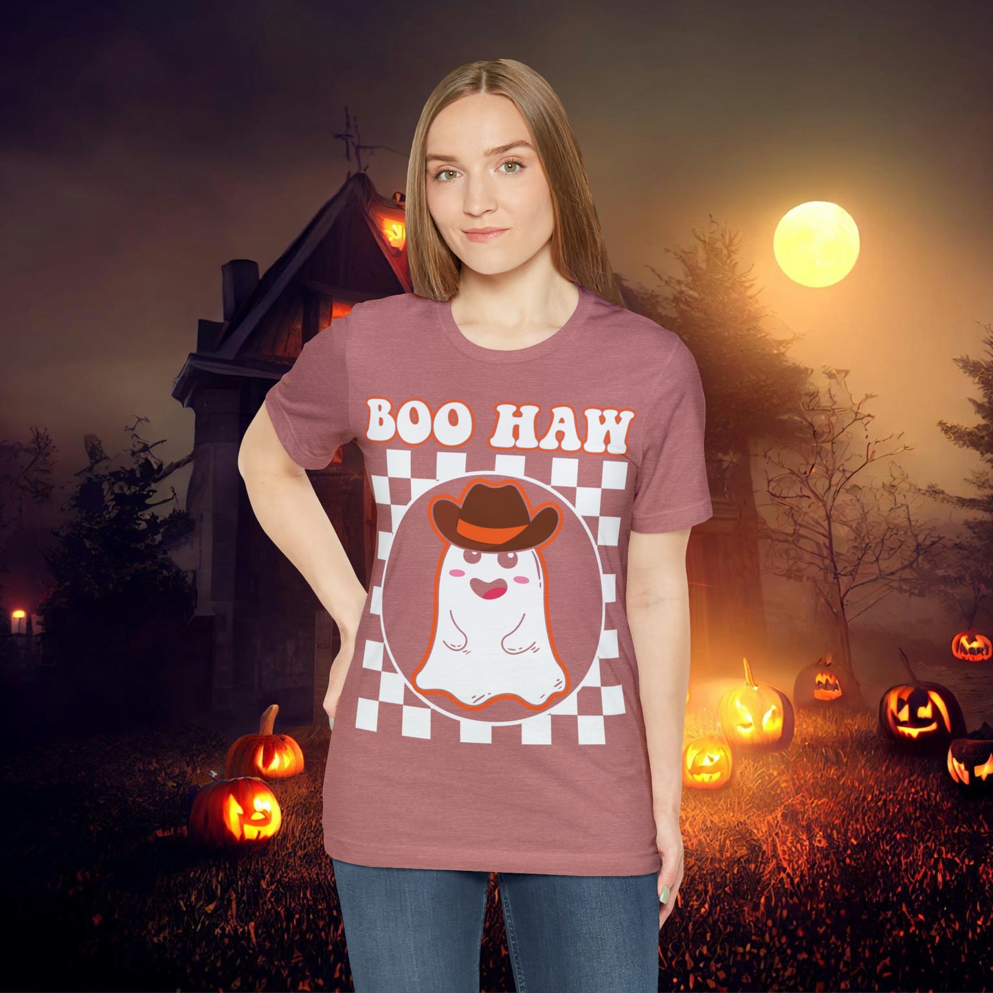 Cute Cowboy Ghost Saying Boo Haw Retro Groovy Western Halloween Unisex Jersey Short Sleeve Tee Gifts for Him Gifts For Her