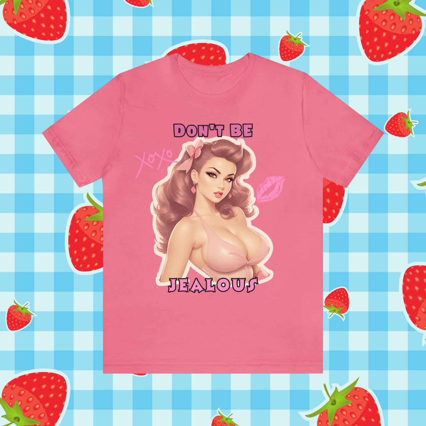 Timeless Elegance: Vintage Pink Pinup Girl "Don't Be Jealous" on a Bella+Canva 3001 Unisex Jersey T-Shirt - A Must-Have Gift for her