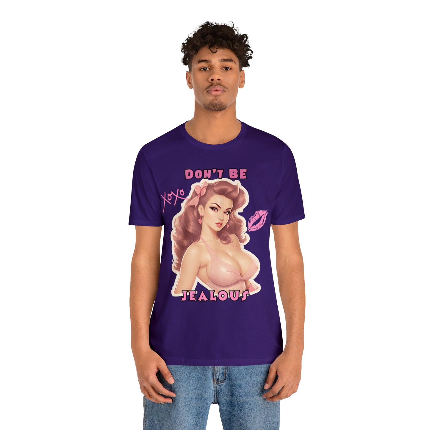 Timeless Elegance: Vintage Pink Pinup Girl "Don't Be Jealous" on a Bella+Canva 3001 Unisex Jersey T-Shirt - A Must-Have Gift for her