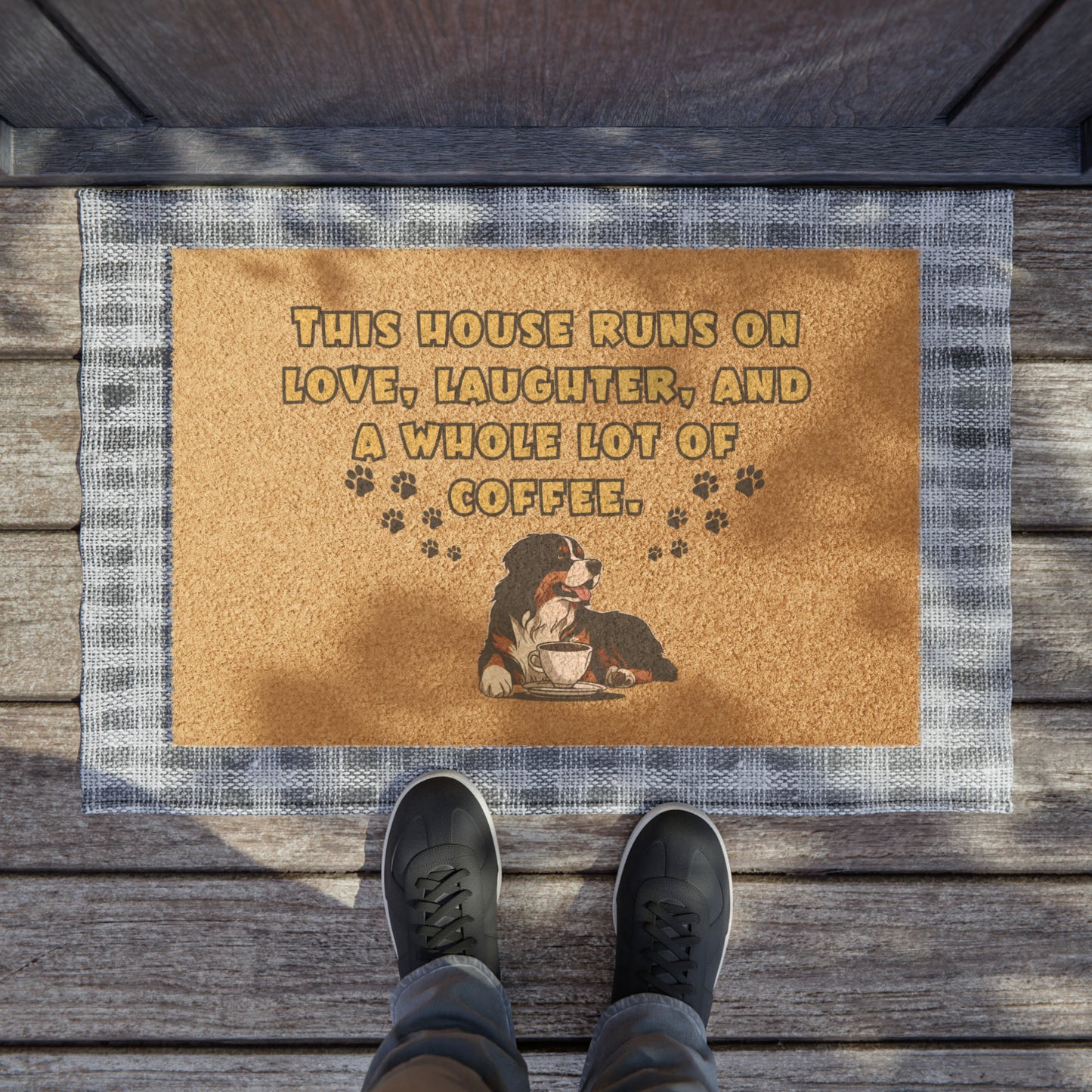 This House Runs on Love, Laughter, and Coffee' Bernese Mountain Dog Doormat | 24" x 16" | Outdoor Coir Welcome Mat