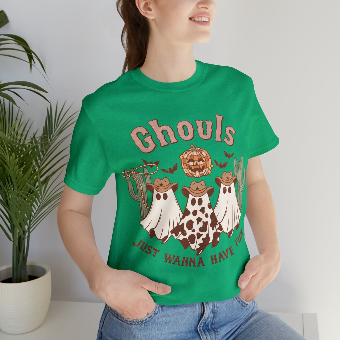 Ghouls Just wanna have fun Cowgirl Ghosts Retro Halloween Unisex Jersey Short Sleeve Tee Gifts for her