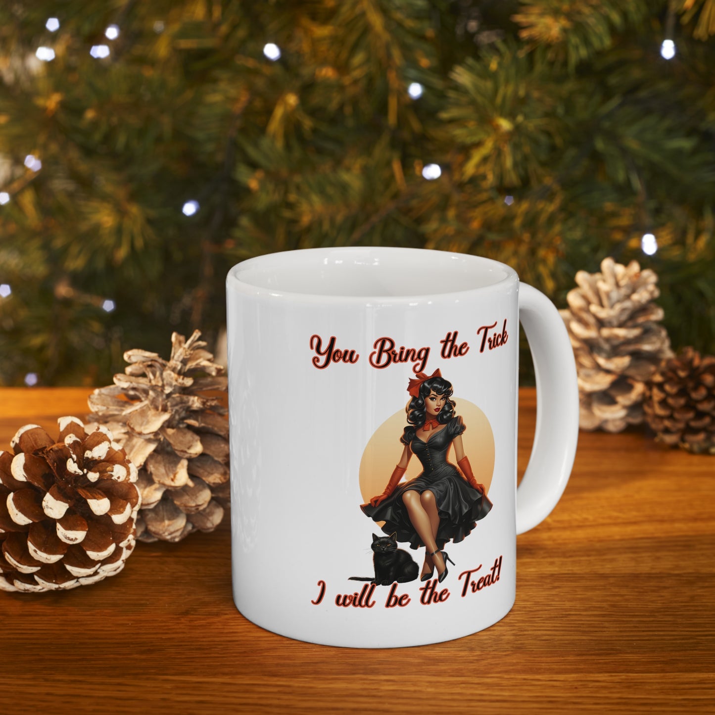 Vintage Pinup Witch: Sip Your Spells in Style "You bring the Trick I will be the Treat" Halloween Ceramic 11oz Mug gifts for her