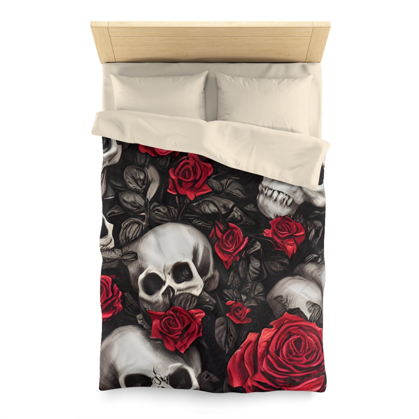 Hyper Realistic Skulls and Red Roses by artist Anne-Laure Goupil Microfiber Duvet Cover