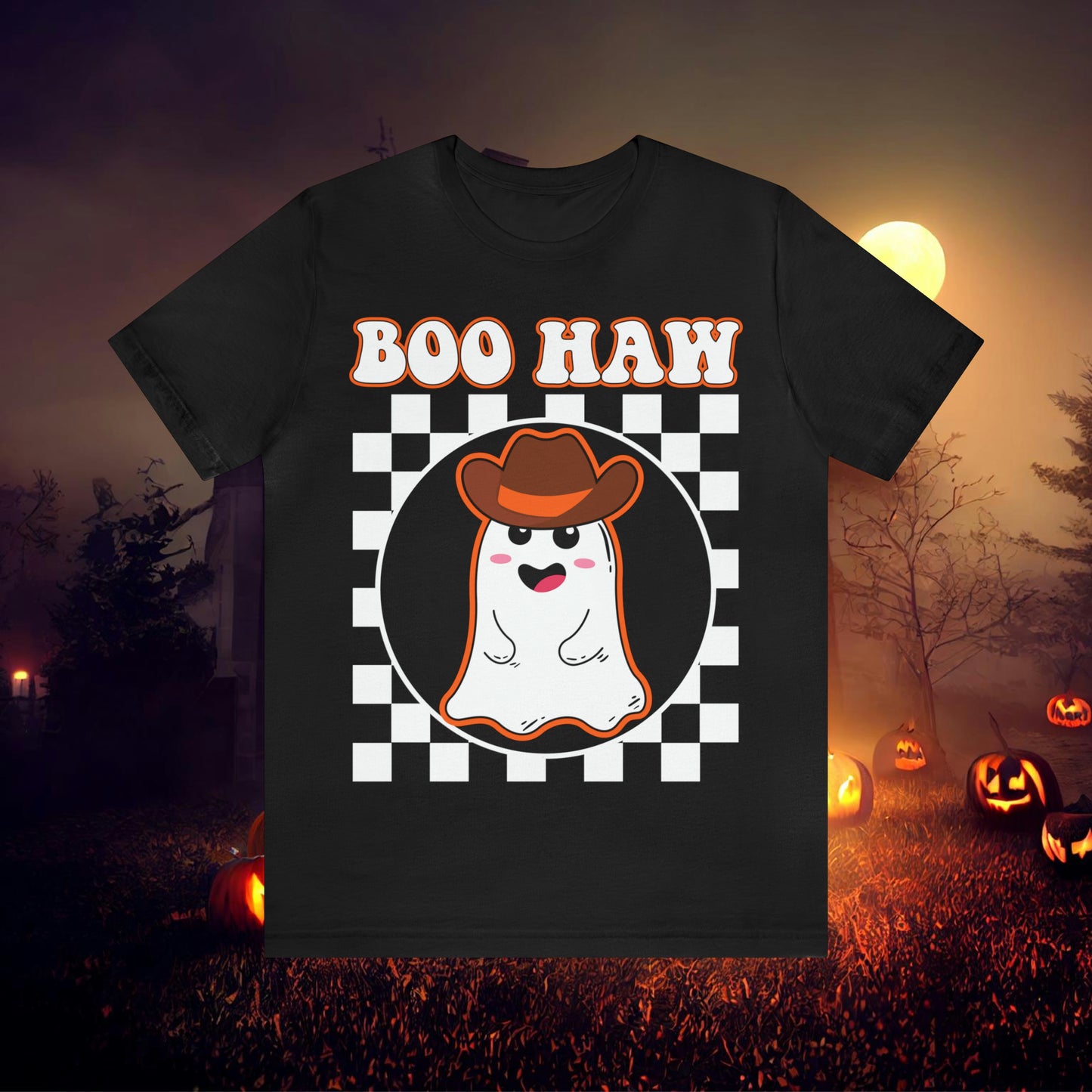 Cute Cowboy Ghost Saying Boo Haw Retro Groovy Western Halloween Unisex Jersey Short Sleeve Tee Gifts for Him Gifts For Her