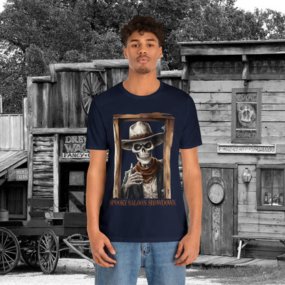 Spooky Saloon Showdown Gunslinging Skeleton Cowboy Halloween Unisex Jersey Short Sleeve Tee