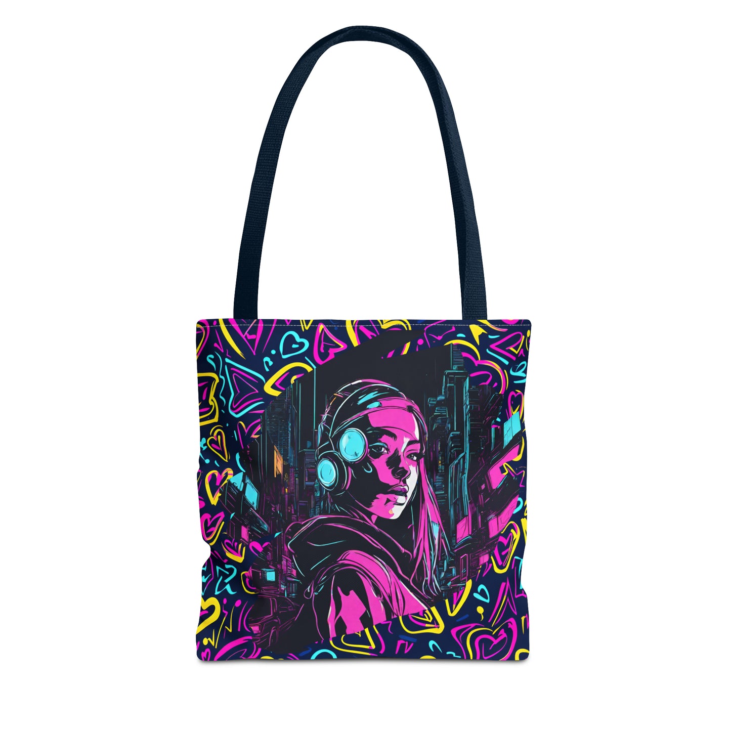 Cyberpunk Girl in Neon Graffiti Hearts AOP Tote Bag 3 sizes 5 color handle options