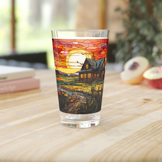 Rural Serenity: a charming farmhouse, near a cobblestone path 16oz Pint Glass Gift idea gifts for home decor housewarming gift