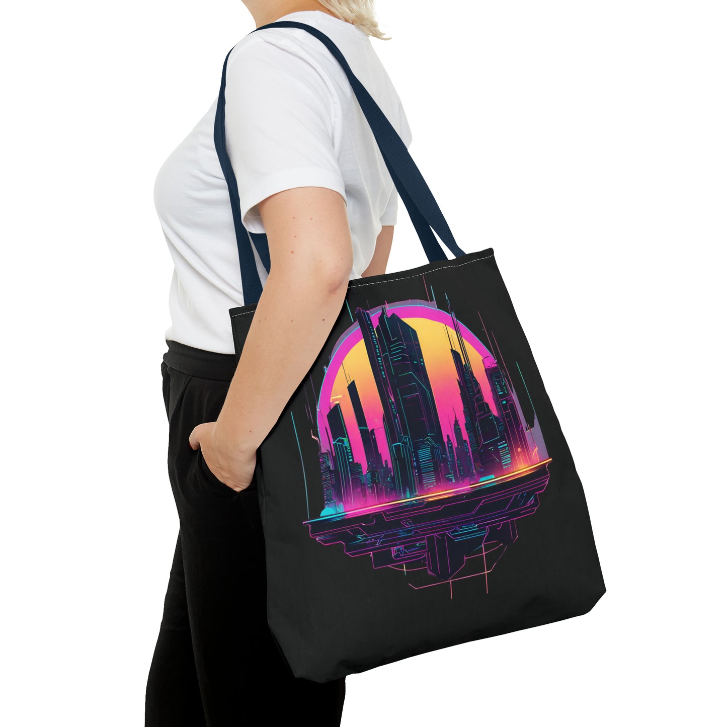 Cyberpunk City Landscape AOP Tote Bag 3 sizes 5 color handle options