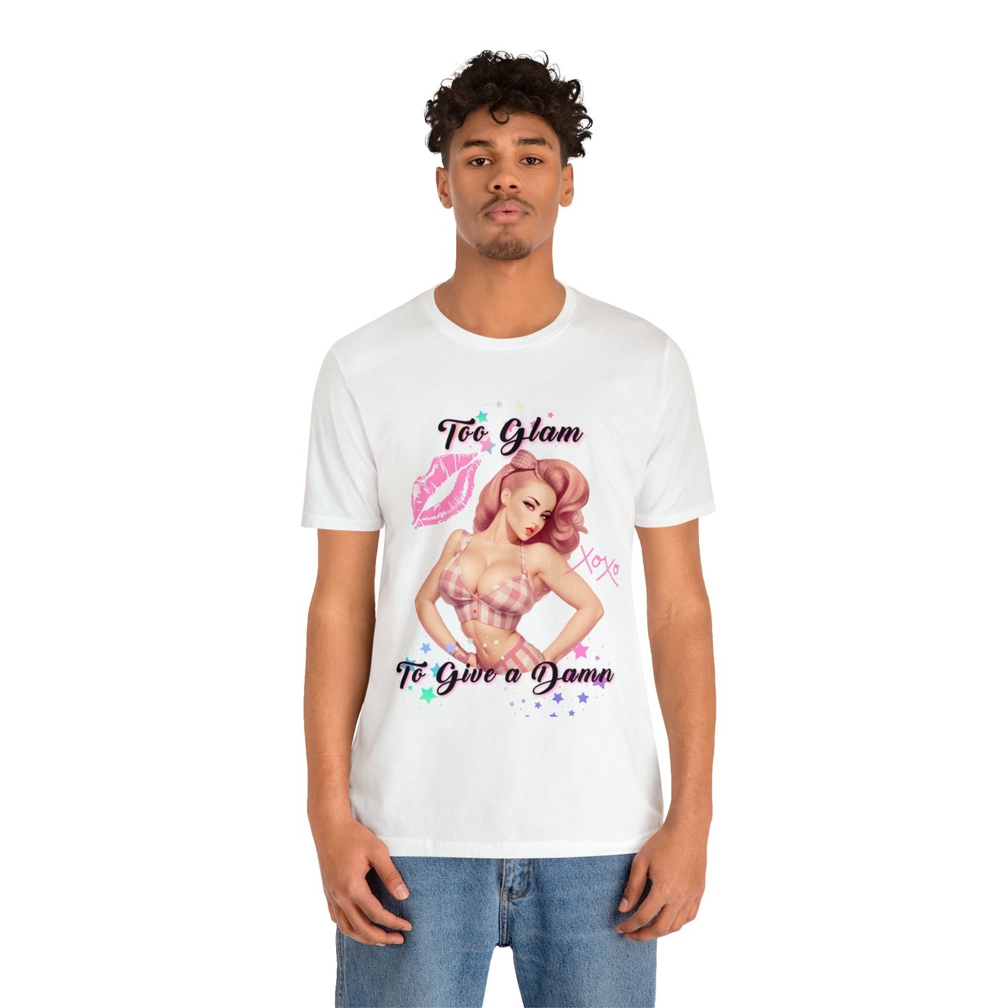 Vintage Pink Pinup Girl "Too Glam To Give a D*mn" on a Bella+Canva 3001 Unisex Jersey T-Shirt - A Must-Have Gift for her