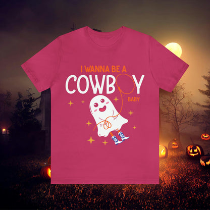 Little Ghost Saying I wanna be a cowboy baby Retro Groovy Western Halloween Unisex Jersey Short Sleeve Tee Gifts for Him Gifts for her.