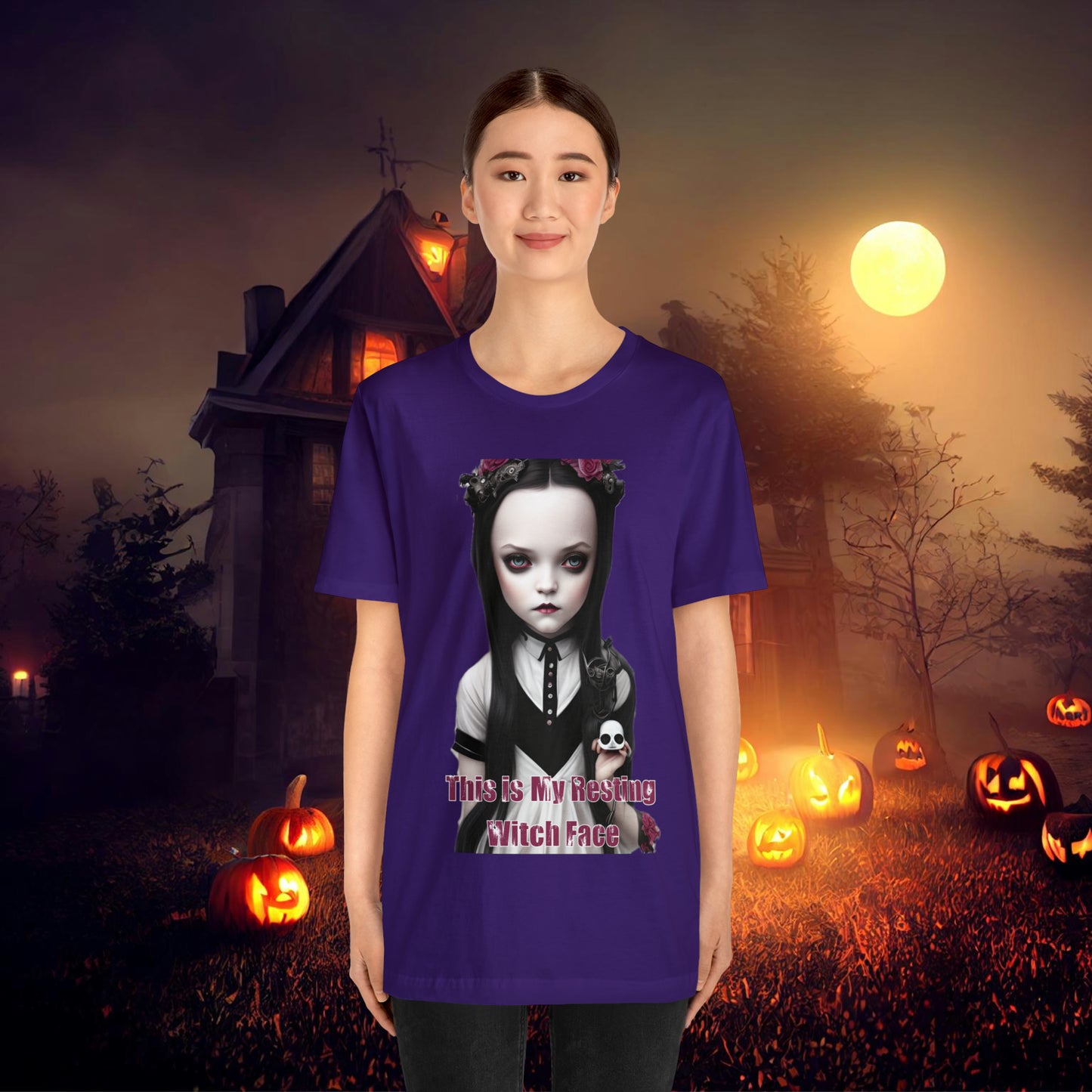 Wednesday Addams Chibi by Charlie Bowater This Is my Resting Witch Face Halloween Unisex Jersey Short Sleeve Tee