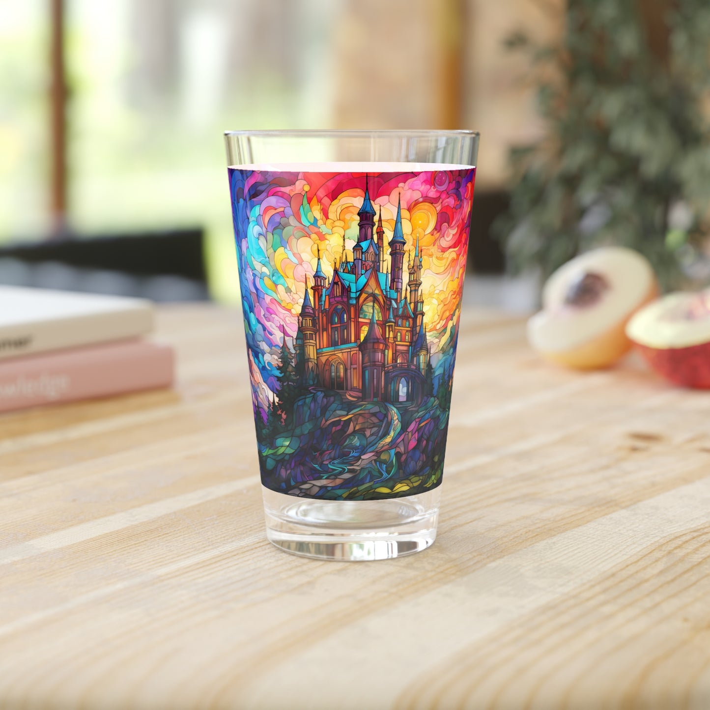 Enchanted Castle by the Creek: A Magical Stained Glass Artwork on a 16oz Pint Glass Gift idea, gifts for home decor, housewarming gift