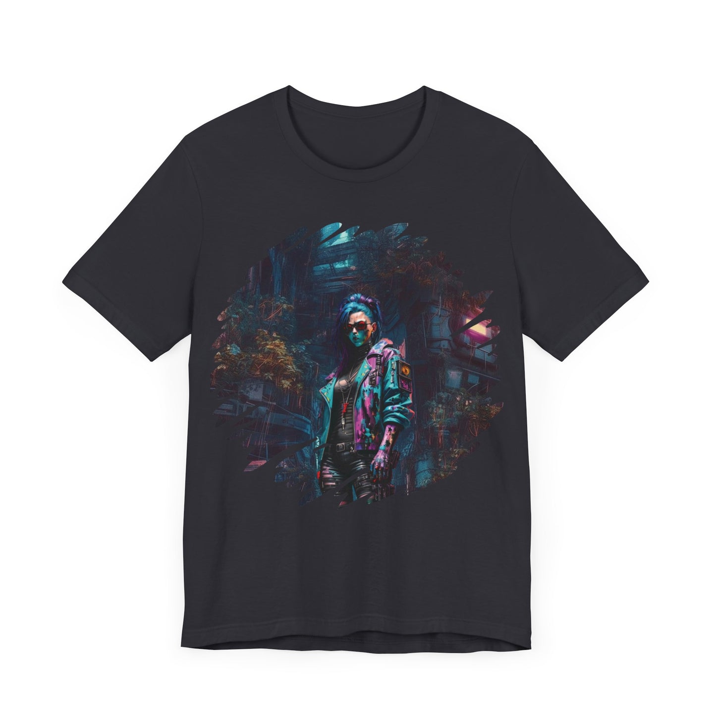 Cyberpunk Girl T-Shirt - Unisex Jersey Tee with Futuristic Cityscape Graphic cyberpunk fashion