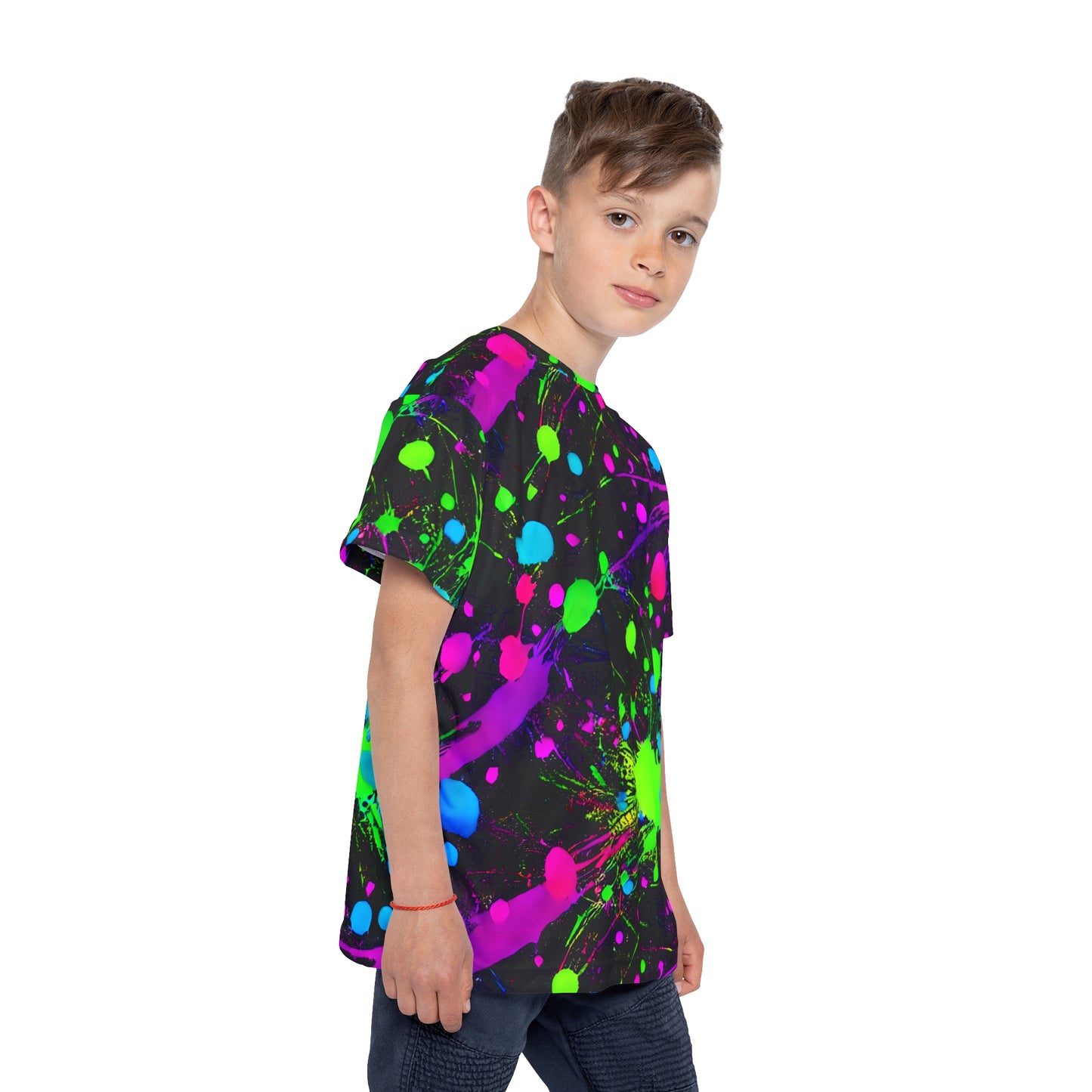 Expressive Play: All Over Print Kid Sport Jersey with Green and Pink Paint Splats