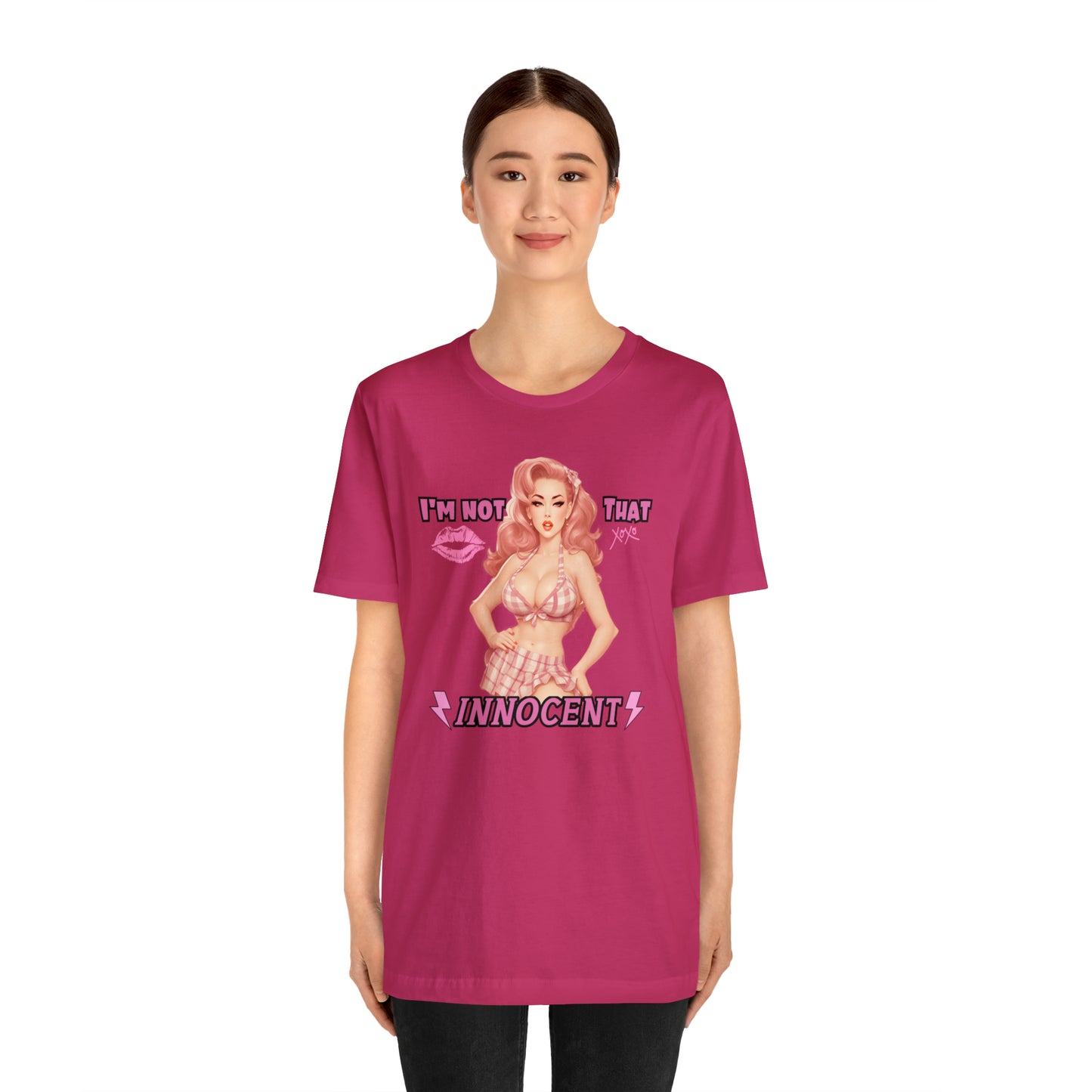 Timeless Elegance: Vintage Pink Pinup Girl "I'm not that Innocent on a Bella+Canva 3001 Unisex Jersey T-Shirt - A Must-Have Gift for her