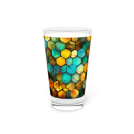 Buzzing Beauty: A Blue and Yellow Honeycomb Stained Glass Artwork on a 16oz Pint Glass Gift idea gifts for home decor housewarming gift