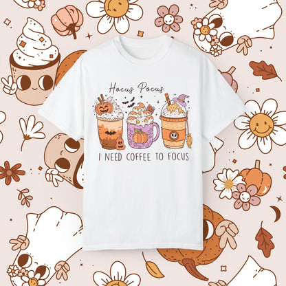 Hocus Pocus I need Coffee to Focus Retro Groovy Halloween Unisex Garment-Dyed T-shirt Gifts for Him Gifts for Her