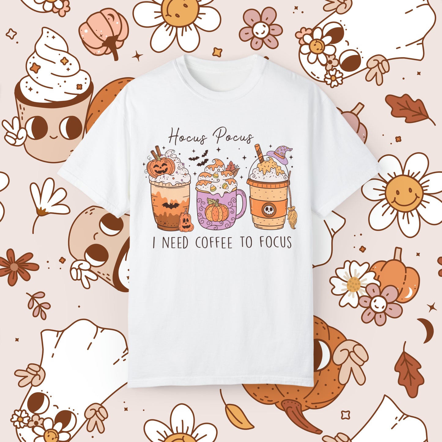 Hocus Pocus I need Coffee to Focus Retro Groovy Halloween Unisex Garment-Dyed T-shirt Gifts for Him Gifts for Her