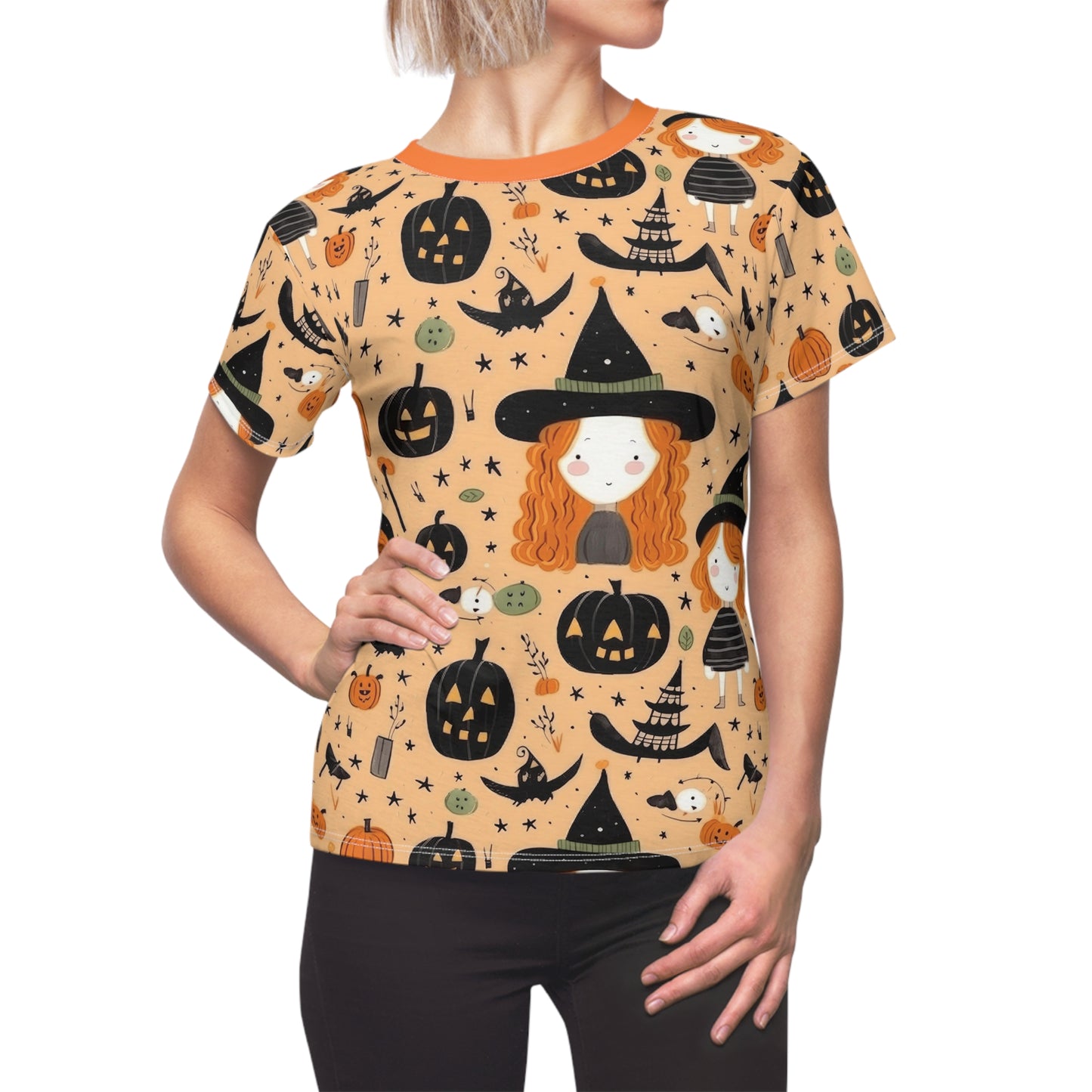 Halloween Trick or Treat Ghosts Witch Hats Jack o Lanterns Women's Cut & Sew Tee (AOP)