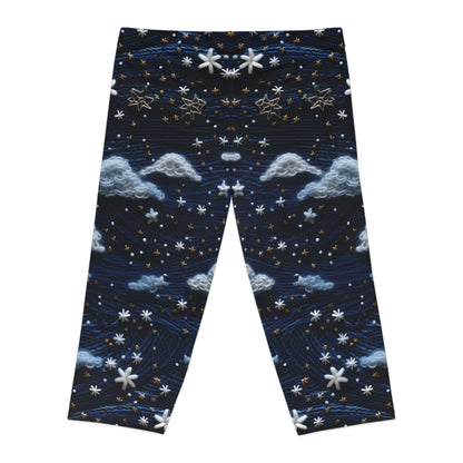 Women's Capri Leggings with Faux Embroidered Night Sky Pattern - AOP Fitness & Yoga Leggings Women's Capri Leggings (AOP)